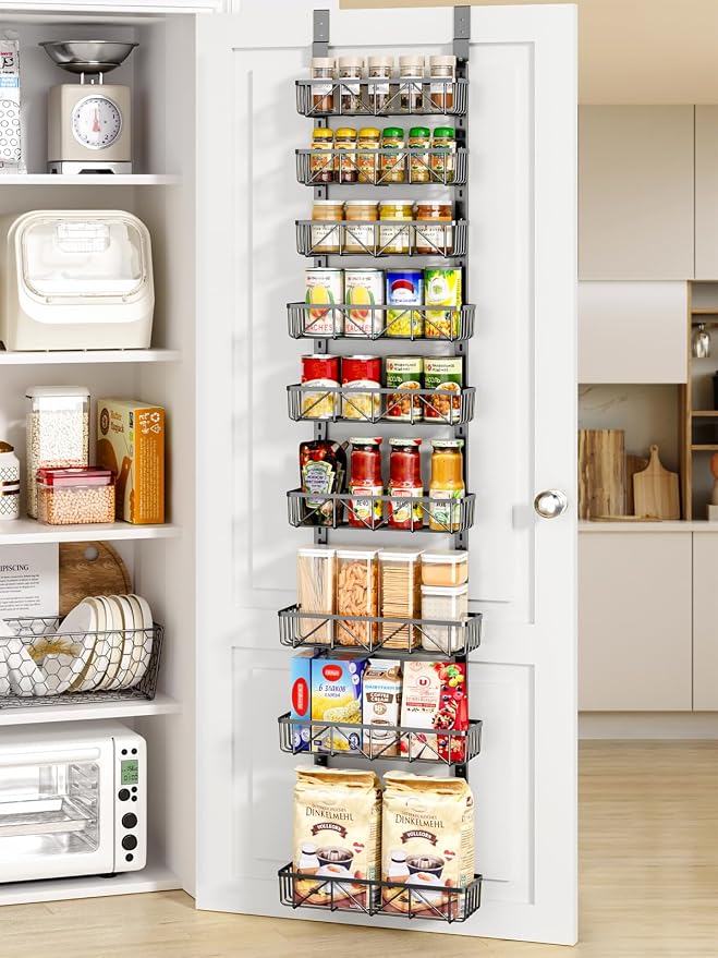 Delamu Adjustable Narrow Over the Door Pantry Organizer, 9-Tier Metal Pantry Organization and Storage for Kitchen, Hanging Spice Rack Seasoning Shelves, Cabinet Door Organizer for Easy Install, 12.5" by DELAMU