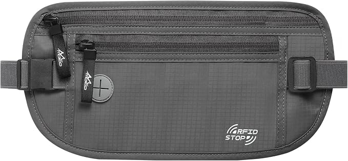 MoKo Travel Money Belt, Hidden RFID Blocking Passport Wallet, Dark Gray | Slim money belt has a hidden pocket, moisture-wicking backing, RFID-blocking material, and an adjustable elastic strap. by MoKo