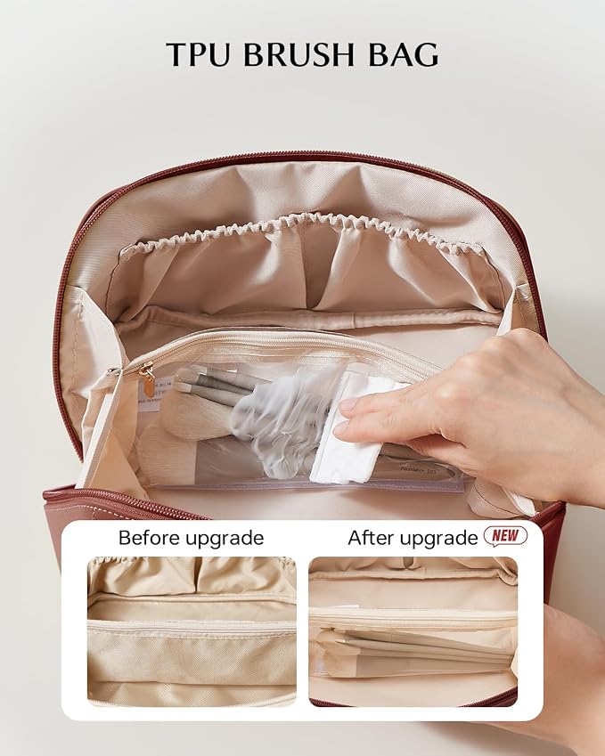 EACHY Travel Makeup Bag for Women, Flat Open Cosmetic Bag, Red, Medium | PU leather organizer with flat-open access, storage pockets and clear TPU brush compartment for daily makeup and toiletries - Image 3