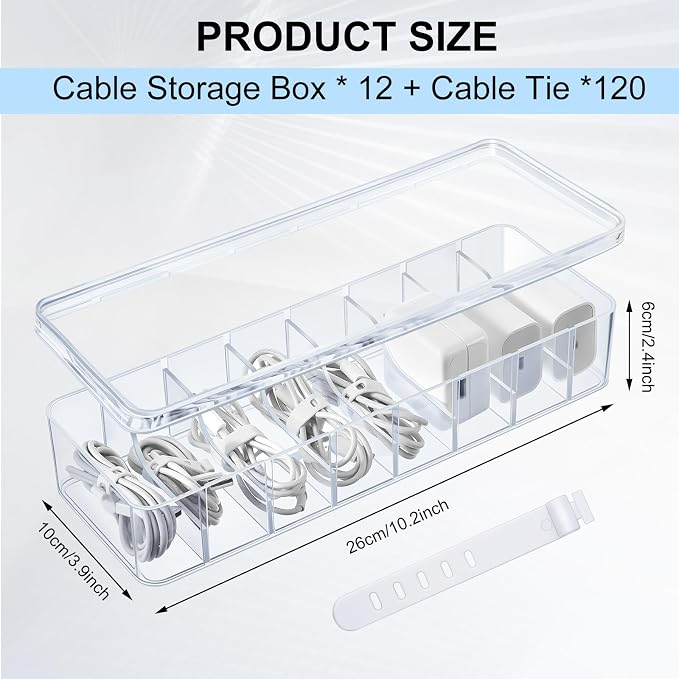Tatuo 12 Pcs Cord Organizer for Drawer Desktop, Cable Organizer Box with 8 Compartments and Wire Ties, Plastic Charger Storage with Lid, Electronics Case for Home Office Accessories (Small,Clear) - Image 2