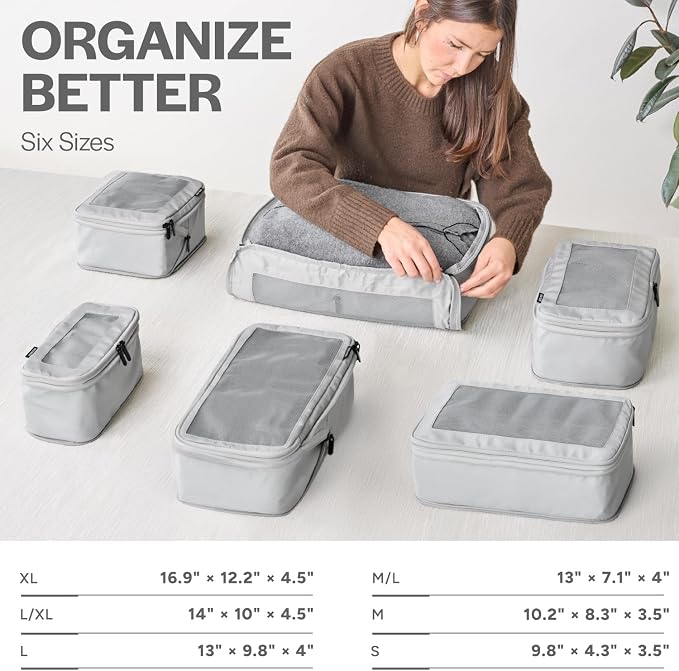 Compression Packing Cubes for Travel, 6-Pack, Light Grey | Solves overpacking, 6-Piece set fits most suitcases, 50% Space savings, Compression luggage organizer bags - Image 3
