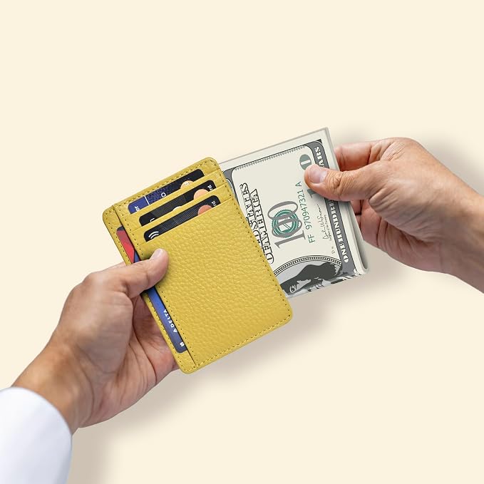 Slim Minimalist RFID Front Pocket Leather Card Holder Wallet, Yellow - Image 4