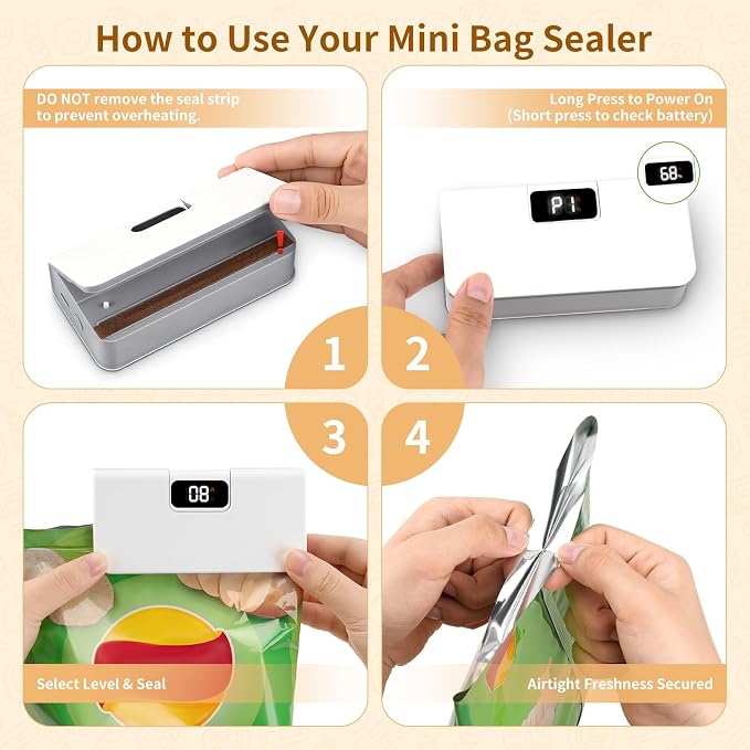 Mini Rechargeable Bag Sealer with LED Display for Food Storage | 6 adjustable heat levels, portable design, built-in cutter, magnetic base, works for all plastic food & snack bags - Image 4