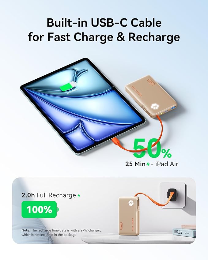 INIU 45W Fast Charging Tablet Portable Charger, Smaller 10000mAh Power Bank | Flight-Safe, Built-in USB C Cable, Flashlight, Battery Phone Pack for Tablet, iPad, iPhone 17 16, Samsung S26 etc, Beige - Image 4