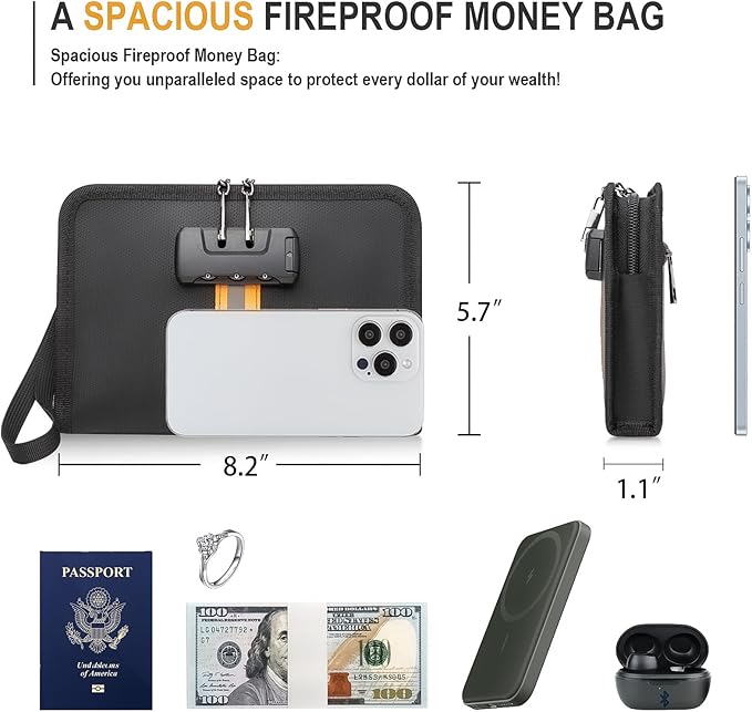 Fireproof Money Bag,Money Bag with Lock and Zipper,Safe Fireproof Waterproof,Suitable for Cash, Mobile Phones, Keys, Credit Cards - Image 3