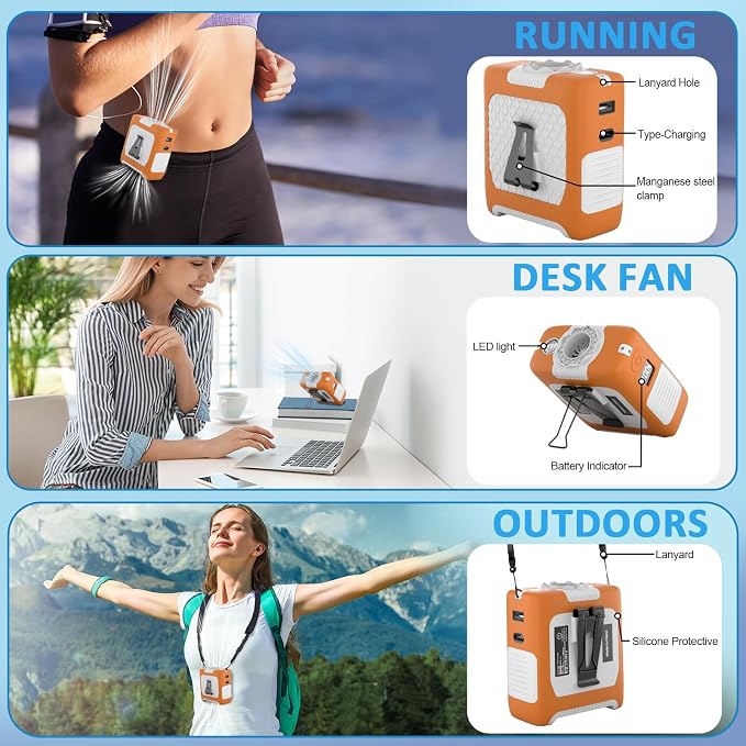FANSYJKJ Portable Waist Fan Cooling Body Clip Belt Shirt Fans for Outdoor | 10000mAh Rechargeable Personal Fan with 5 Speed Max 55H Runtime Low Noise Shirt Fans with Flashlight for Travel Camping - Image 4