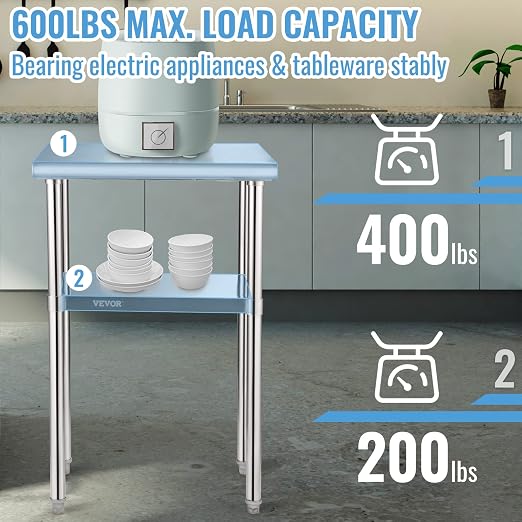 VEVOR Stainless Steel Prep Table, 24 x 18 x 36 Inch, 600lbs Load Capacity Heavy Duty Metal Worktable with Adjustable Undershelf & Feet, Commercial Workstation for Kitchen Restaurant Garage Backyard - Image 6