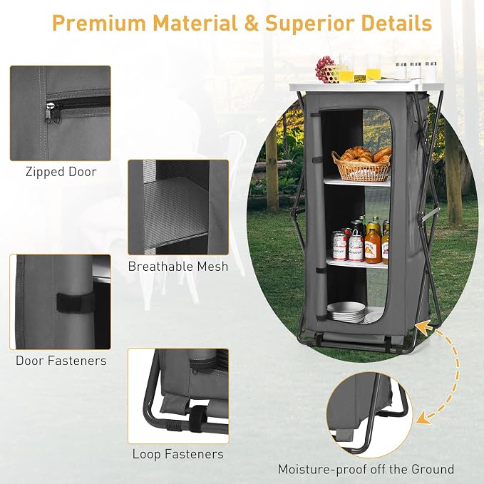 Goplus Folding Camping Storage Cabinet, Pop Up Outdoor Camping Kitchen Station with Large 3-Tier Storage Organizer, Carry Bag, Easy Set Up Portable Compact Camping Table for BBQ Picnic Backyard (47'') - Image 6