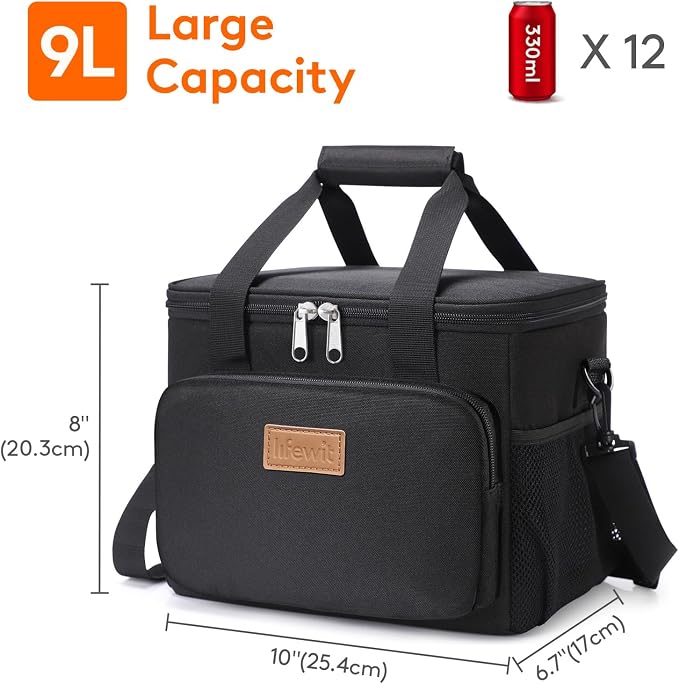 Lifewit Medium Lunch Bag, Insulated Lunch Box, Soft Cooler Cooling Tote for Adult Men Women, Black 12-Can (9L) - Image 4