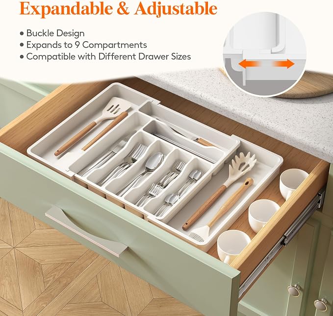 Lifewit Expandable Silverware Drawer Organizer, Kitchen Utensil Tray | BPA-free Plastic Flatware Cutlery Holder, Space-Saving Storage for Spoons Forks Knives, 13-22.4 x 15“, White - Image 4