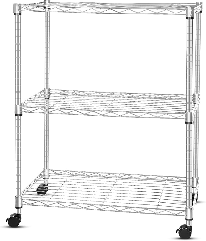 Whitmor 3 Tier Storage Shelving, Heavy Duty with Wheels, Adjustable Steel Organizer, 400 lbs Capacity per Shelf, Max 1200 lbs Total for Garage, Kitchen, Bathroom, 20" L x 14" W x 24" H, Chrome by Whitmor
