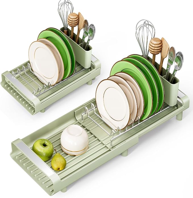 TOOLF Small Dish Drying Rack, Expandable and Space-Saving, Grayish Green | Mini Dish racks for kitchen counter, Compact Design Fits Sink or Counter, Stainless Steel Plate Rack, 11"-19.3"L×7.7"W×3.54"H by TOOLF