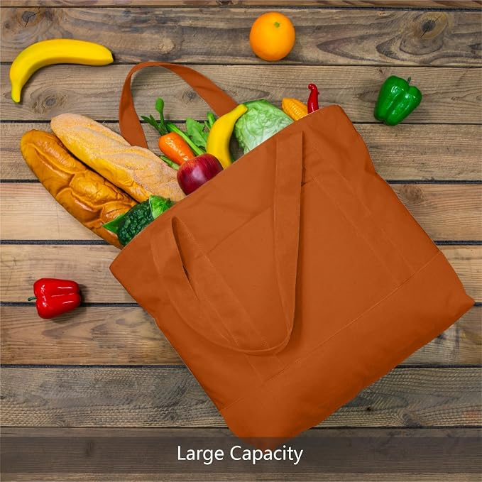 TOPDesign 3-Pack Canvas Tote Bags with an External Pocket, Reusable Grocery Shopping Bags, Top Zipper Closure, Daily Essentials (Orange) - Image 3