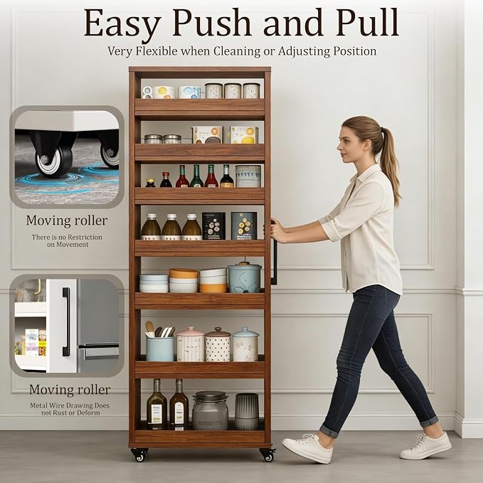 Rolling Spice Rack Next to Side of Fridge Storage Slim Narrow Shelf Lightweight 7 Tier Wooden Storage Cart for Kitchen, Dining Room, Bathroom, Small Spaces (Teak, 72.4" H x 9.8" W x 21.6" D) - Image 3