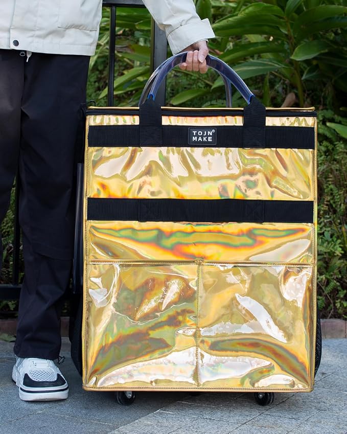 Reusable Grocery Bag with Wheels, Large Glitter Gold Rolling Tote | 8 Pockets, Zipper Cover, Foldable for Women, Kitchen, Travel, Carries Up to 76LBS - Image 7