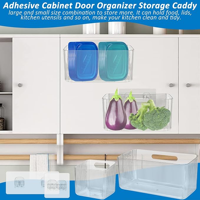 4 PCS 2 Size Plastic Adhesive Mount Over Cabinet Door Organizer, Under Sink Door Storage Shelf Refrigerator Side Storage Box, Wall Organization Container for Kitchen Bathroom Office - Image 4
