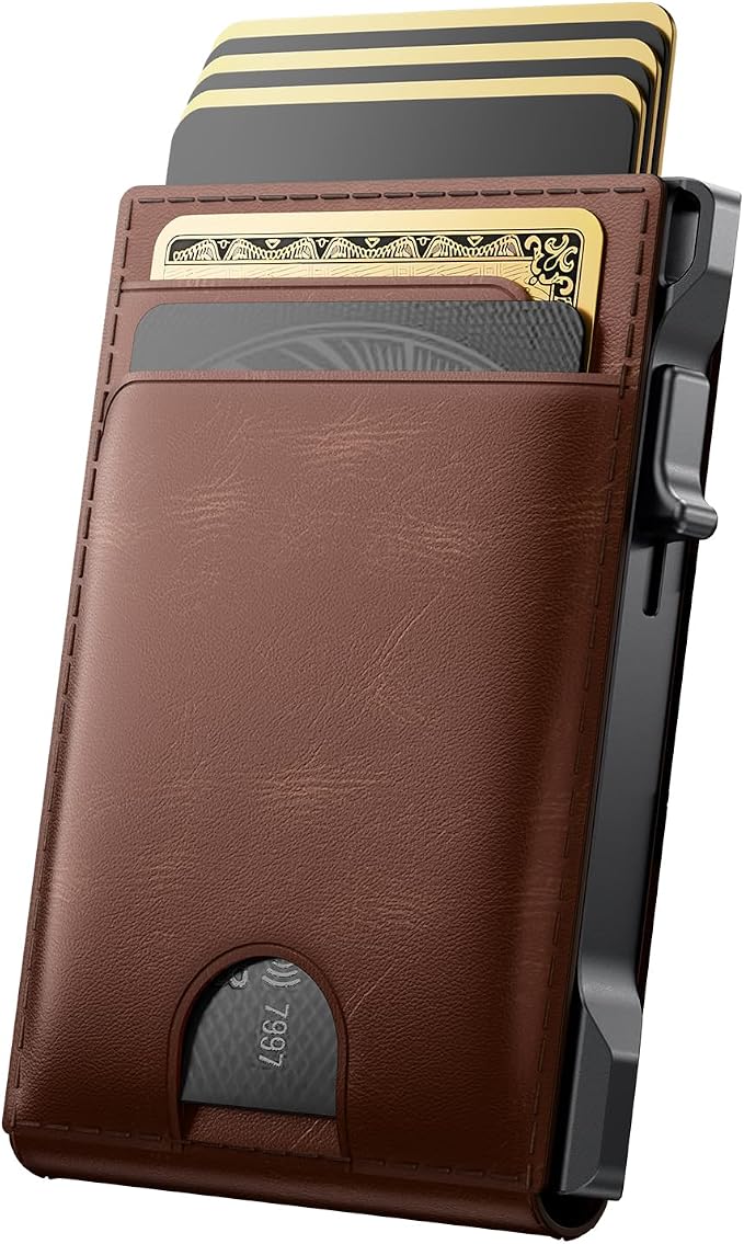 Wallet for Men Card Holder: Pop Up Card Case, Genuine Leather, Smart, RFID Blocking, Slim, Minimalist, Thin, Front Pocket - 12 Card Capacity, ID Window, Money Clip (Brown) by Unknown