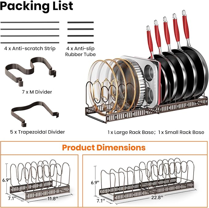 MUDEELA Expandable Pot Pan Lid Organizers inside Cabinet, 12 Divider-Bronze | Expandable 11.8–22.9", 12 Adjustable Divider, Tool-Free Assembly, Non-Slip, Scratch-Proof, For Pan Lid Cutting Board Bakeware - Image 7