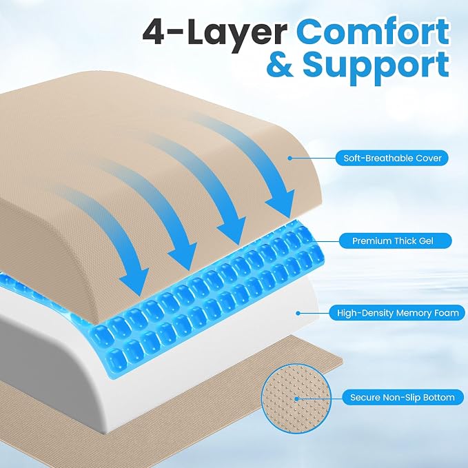 Wheelchair Seat Cushion for Pressure Relief, Cooling Gel Memory Foam Chair Cushion with Slope-Edge Design, Coccyx Support for Tailbone Pain, Non-Slip, for Wheelchairs, Office Chairs & Car Seats, Khaki - Image 6
