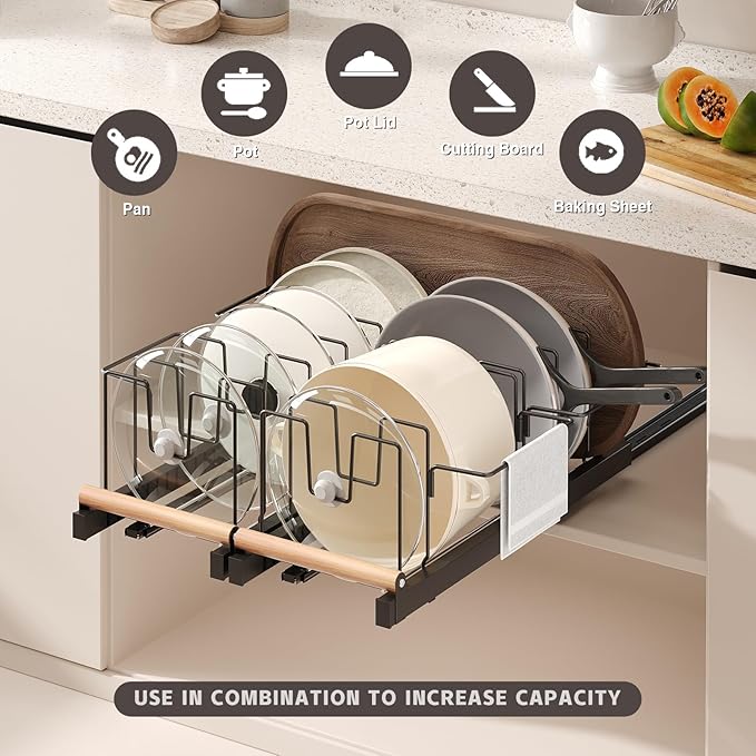 Magheo 2 Pack Pull Out Pots and Pans Organizer Under Cabinet, 22" Deep Expandable Pot Lid Organizer and Storage with 10 Adjustable Dividers Adhesive Pot and Pan Holder Rack with Handle Bracket(Black) - Image 2