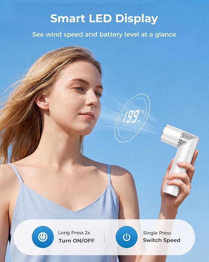 Portable Handheld Fan, Rechargeable, 199 Speeds, LED Display, White | 199-speed handheld fan with LED display, USB-C charging, 3000mAh battery for travel, office, and outdoor use - Image 4