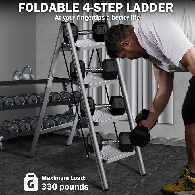 4 Step Ladder, Steel Folding Step Stool with 330lbs Heavy Duty | Anti-Slip Wide Pedals | 1.9" Slim Fold | Ideal for High Ceiling, Garage Storage, Window Cleaning & Hanging Curtains - Image 2