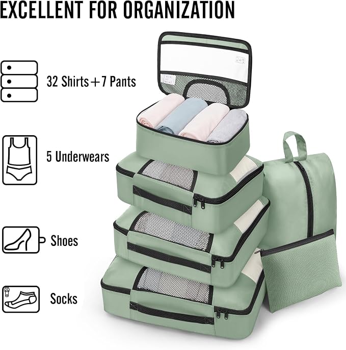 Veken 8 Set Packing Cubes for Travel Essentials,Anti-Wrinkle Buckled Suitcase Organizer for Shoe & Toiletry Bag,Carry On Luggage Bag with 99+ Count Mesh Holes for Airplane & College Dorm Accessories - Image 5