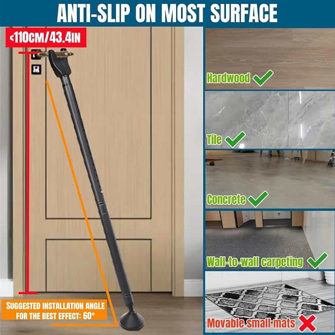 2 Pack Door Security Bars, Anti-Slip Sliding Patio Bar | 2-in-1 Heavy Duty Door Stoppers, Adjustable Jammer Barricade Security Door Lock Bar for Apartment, Home, Travel, Hotel Room - Image 5