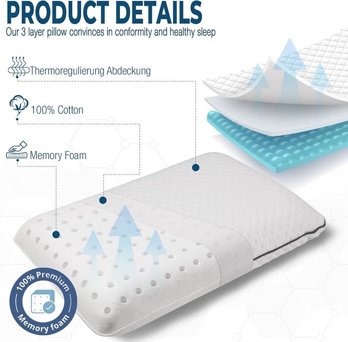 alkamto Memory Foam Pillow 27.5X 18 in”– Ergonomic Neck Support Pillow – Oeko-Tex Certified – Breathable & Thermoregulating Cover – Ideal for Back & Side Sleepers (27.5" (L) × 18" (W) × 4.7" (H)) - Image 2