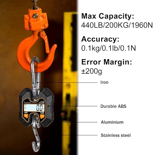 Fuzion Hanging Scale 440lb/200kg, Mini Crane Scale w/Stainless Steel Hook | No Setup Required, Hold/Tare Function, Large Display, Digital Hanging Scales for Weighing Animals, Hays, Fish, Travel Luggage - Image 2