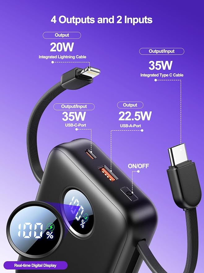 Aioneus Portable Charger, 35W PD Fast Charging Power Bank 20000mAh, Battery Pack with Built in Lightning & USB-C Cables, Powerbank for iPhone 17 16 15 14 iPad Samsung Android Tablet MacBook - Image 6