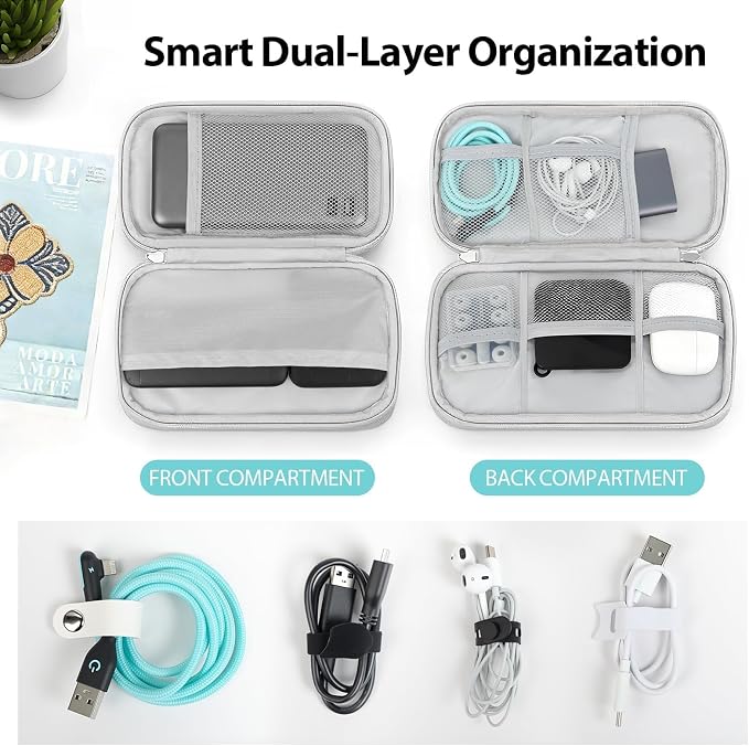 Double Layer PU Leather Electronics Organizer Bag Silver Gray | Water-resistant with 8 compartments and padded lining for tangle-free 3ft+ cords, chargers & phones. Includes 8 ties. - Image 3