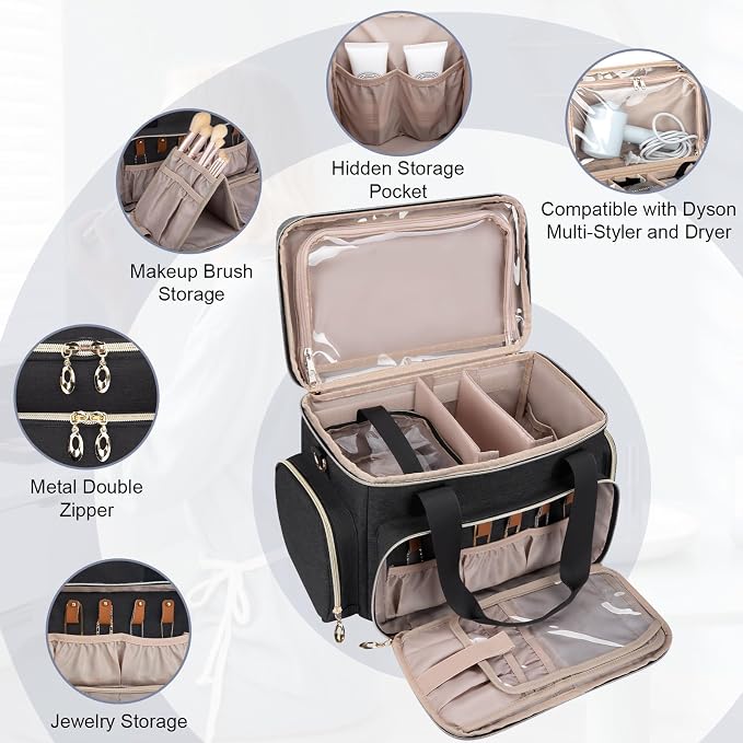 GDNasist Large Makeup Bag, Portable Travel Makeup Bag Organizer | Cosmetic Travel Bag for Women Girls with 2 Removable Pouches & Detachable Dividers, Toiletry Bag for Makeup and Hair Supplies - Image 5