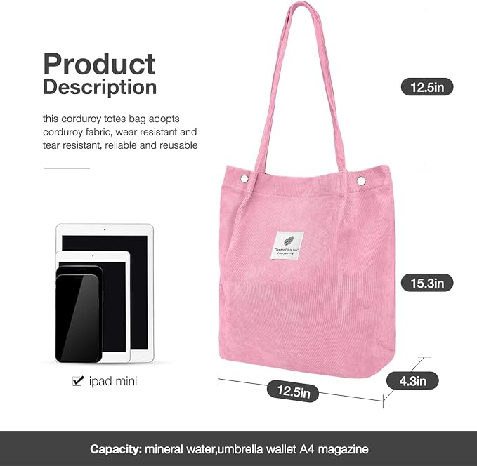 LHMTQVK Corduroy Tote Bags for Women, Large Capacity Tote Purse Reusable Grocery Shoulder Bag with Inner Pockets - Image 3