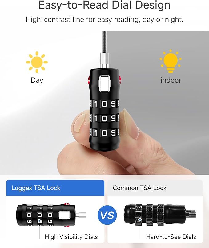 LUGGEX 2 Pack TSA Locks for Luggage, Luggage Locks TSA Approved | Suitcase Locks in Gift Box, Ultra-Light 33g Combination Cable Locks, Easy-Read Dials for Suitcase Backpack Gym, Black-Silver - Image 2