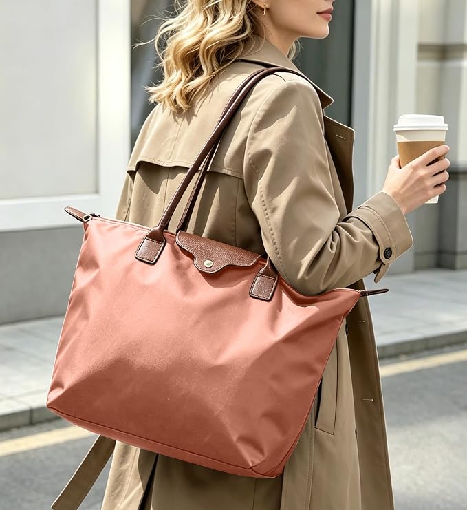 Nylon Tote Bag for Women, Lightweight Foldable Shoulder Tote with Zipper, Large Work Travel Bag for Everyday Use - Image 2