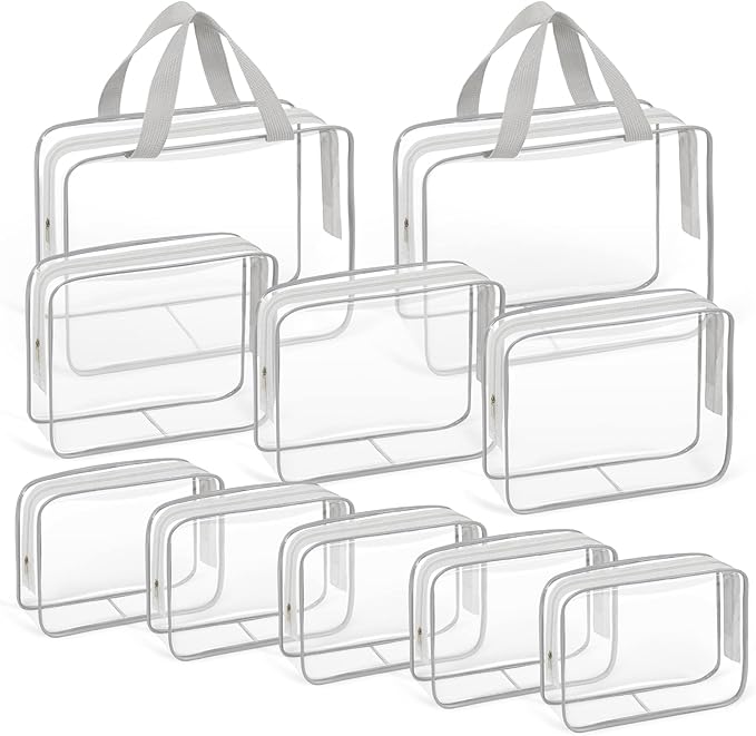 TISRATOK 10 PCS Clear Travel Bags for Toiletries, Clear Makeup Bags（Grey） | 3 Size plastic clear bags with zipper handbag, TSA approved cosmetic pouch for travel, swimsuit,toy storage bags by TISRATOK