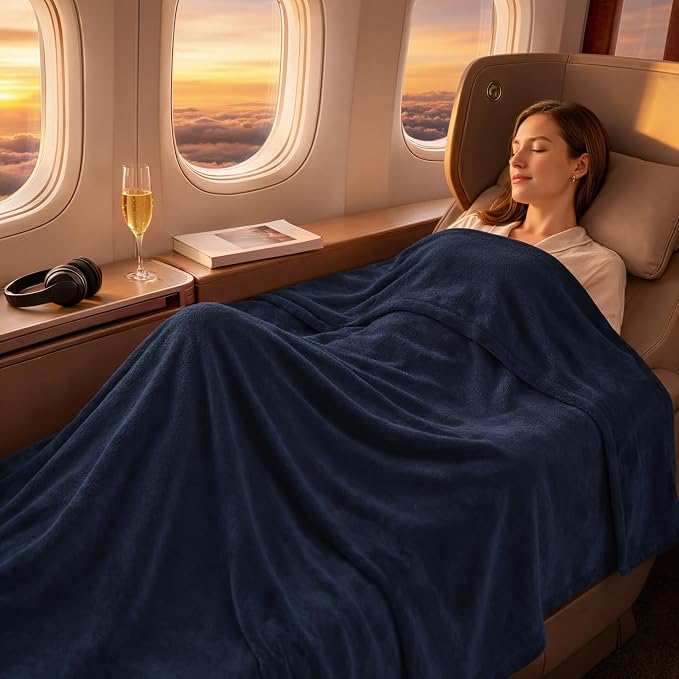 Travel Blanket and Pillow Compact – 4-in-1 Soft Fleece Airplane Blanket with Bag Pillowcase, Neck Pillow, Eye Mask & Earplugs, Lightweight Portable Flight Blanket 60"x43" (Navy) - Image 4