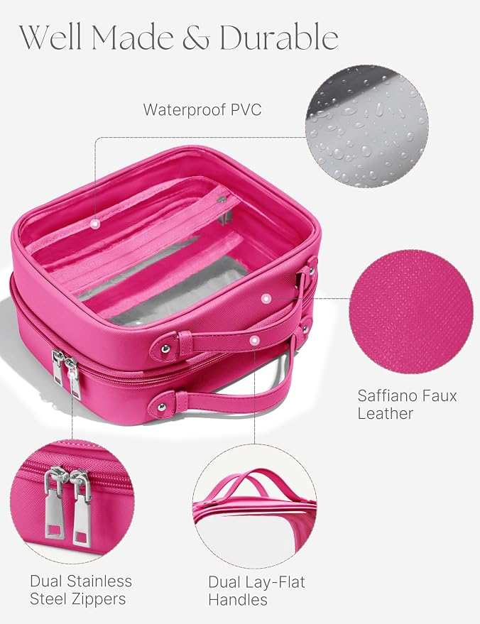 Clear Cosmetic Bag Double Layer Travel Toiletry Bag Clear Makeup Bag Case with 4 Compartments, Transparent Travel Bag for Toiletries, Large Toiletry Bag for Women Cosmetic Case (Hot Pink, Large) - Image 6