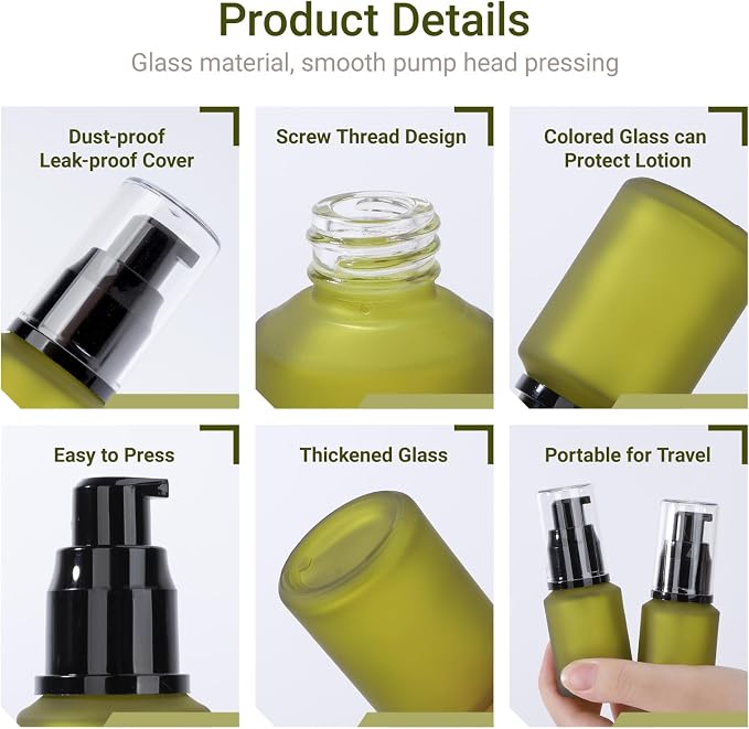 Segbeauty 1oz Frosted Glass Empty Travel Size Bottles for Creams, 3pcs Refillable Lotion Pump Bottle Dispenser, 30ml Liquid Travel Containers, Green Mini Lotion Container Foundation Pump Dispensers - Image 2