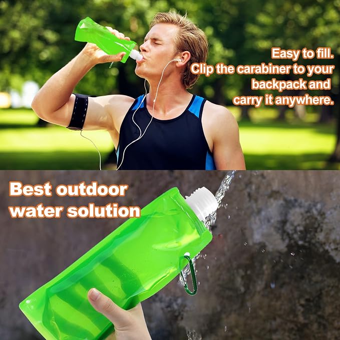 10 Pcs Foldable Water Bottle, 480ml, Collapsible, Leak Proof | Reusable Drinking Bags, BPA Free, with Carabiner for Travel, Gym, Camping, Hiking - Image 4