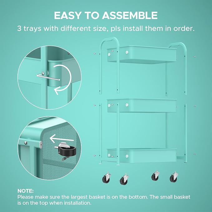 MAX Houser 3-Tier Rolling Utility Cart with Caster Wheels,Easy Assembly, for Kitchen, Bathroom (Turquoise) | Easy Assembly, multi-purpose storage trolley for kitchen, rolling cart with smooth caster wheels for bathroom - Image 8