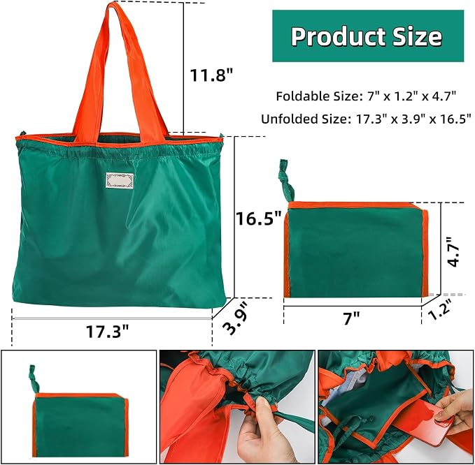 Covzoe 4 Pack Reusable Shopping Bags with Handles | Foldable Grocery Bags Fits in Pocket, Large Washable Tote Bag Beach Bag for Kitchen Travel Shopping, Drawstring Closure - Image 3