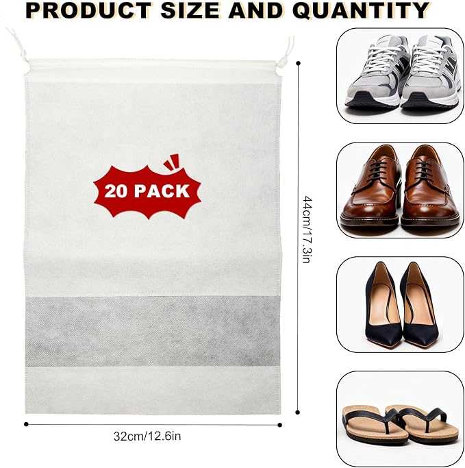 20 Pack Shoe Bags for Travel, 17" x 12.6" Drawstring Shoe Organizers with Clear Window, Breathable Non-Woven Dustproof Pouches for Luggage & Closet (White) - Image 2