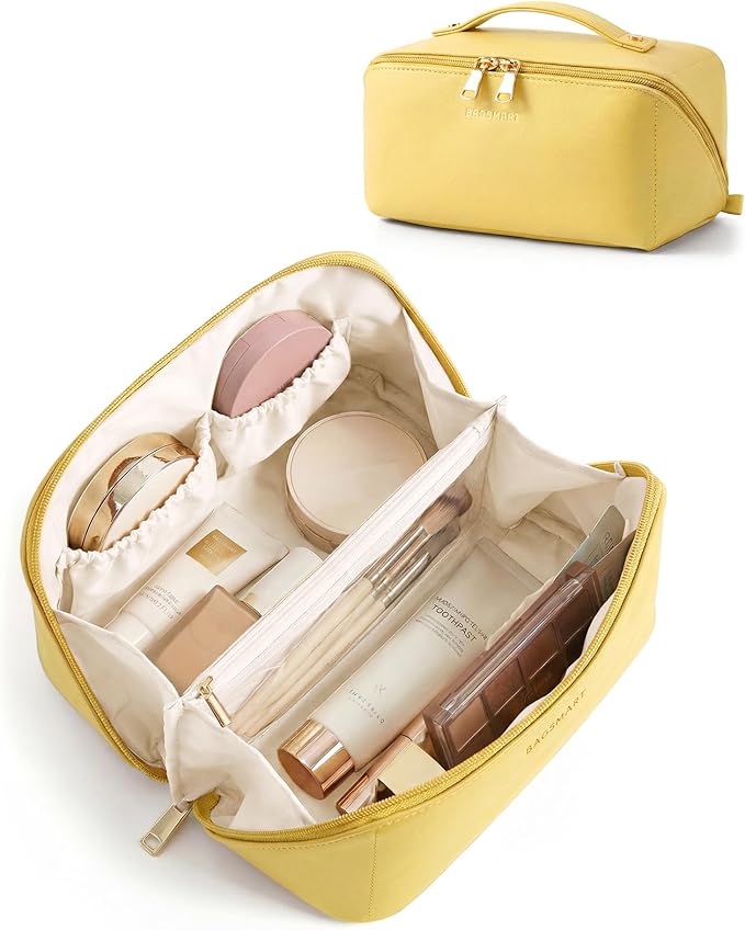BAGSMART Makeup Bag Travel Cosmetic Bag,Women Toiletry Case, Yellow | Make Up Bag Flat Open Toiletry Bag for Women, PU Leather Travel Essentials Wide-open Skincare,Brushes Organizer Case Large by BAGSMART