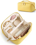 BAGSMART Makeup Bag Travel Cosmetic Bag,Women Toiletry Case, Yellow | Make Up Bag Flat Open Toiletry Bag for Women, PU Leather Travel Essentials Wide-open Skincare,Brushes Organizer Case Large by BAGSMART