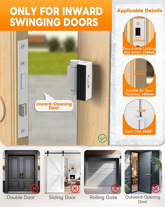 Portable Door Lock for Travel, Adjustable No Drilling Door Reinforcement Lock, Extra Latch Stopper for Hotel Room, Home Apartment, Inward Swing Door - Family & Travelers Security (White-2PCS) - Image 7