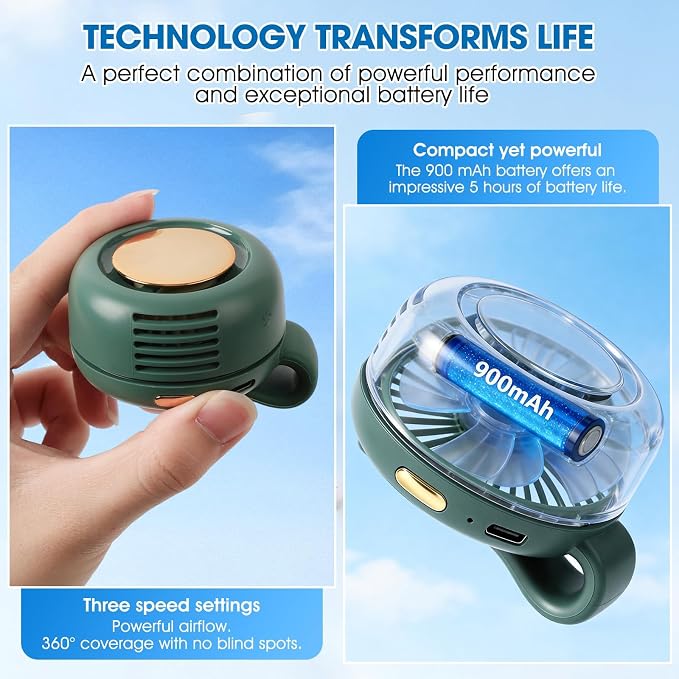 Portable Silent Mini Bladeless Fan Clip On,3 Speeds Clip-On Fans For Shirt,Small Clips Fanmini Whirlwind Fans For Waist Clips Suitable For Outdoor & Travel & Office (Green) - Image 6
