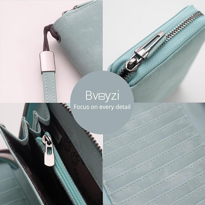Bveyzi Women RFID Blocking Wallet Leather Zip Around Phone Clutch Large Capacity Ladies Travel Purse Wristlet - Image 3