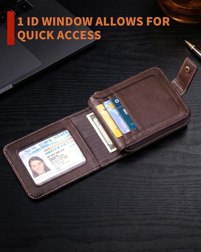 Men's Leather RFID Wallet with Zipper, 14 Card Slots, ID Window | Zippered coin pocket separates loose change; organized for commuting and everyday carry (Coffee) - Image 4